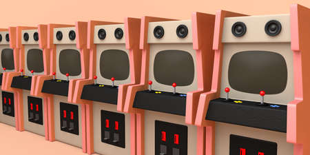 Retro arcade game machines. Arcade room. Copyspace. Gaming concept. 3D illustration.