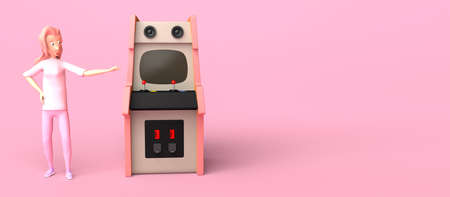 Young woman showing a retro arcade game machine. Arcade room. Copy space. Gaming concept. 3D...