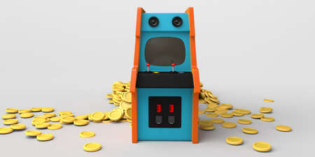 Retro arcade game machine with coins around. Arcade room. Copyspace. Gaming concept. 3D...