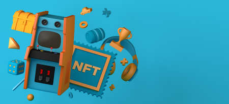 Retro arcade game machine with non fungible token, NFT. Arcade room. Copyspace. Gaming concept. 3D illustration.の写真素材