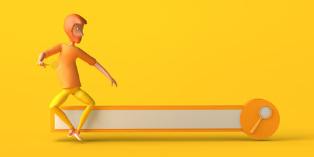 Man with magnifying glass in hand in front of web search bar. 3D illustration. Copyspace.の写真素材