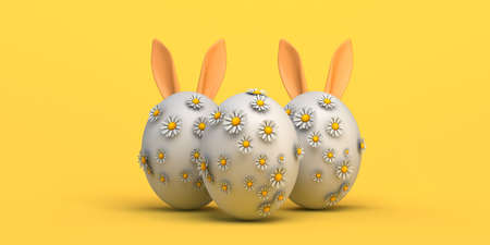 Easter eggs with daisy flowers and Easter bunny ears. Copyspace. 3D illustration.の写真素材