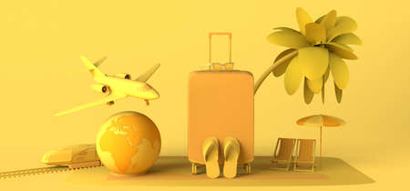 Travel concept with planet earth, airplane, sunglasses, flip flop, suitcase and umbrella. Copyspace. 3D illustration.の写真素材