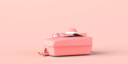 Summer vacation concept with hat, suitcase and sunglasses. Travel. Copyspace. 3D illustration.の写真素材
