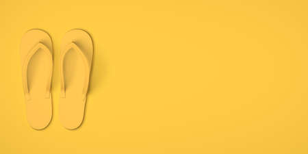 Summer vacation concept with flip flops on yellow background. Travel. Copyspace. 3D illustration.の写真素材