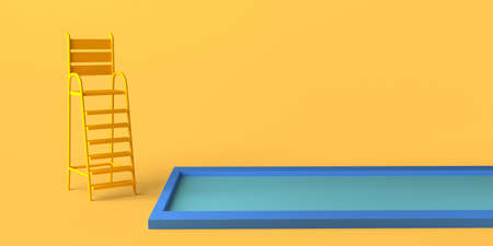 Summer concept with lifeguard chair and swimming pool. Copyspace. 3D illustration.