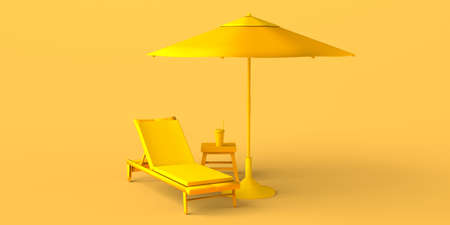 Summer vacation concept with beach lounger, umbrella and soft drink. Copy space. 3D illustration.の写真素材