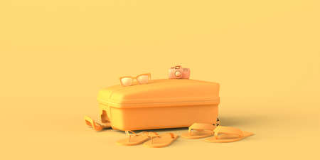 Summer vacation concept with hat, suitcase, sunglasses, flip flops and camera. Travel. Copy space. 3D illustration.の写真素材