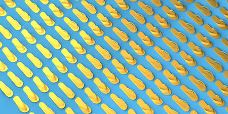 Background of yellow flip flops on blue background. Copy space. 3D illustration.の写真素材