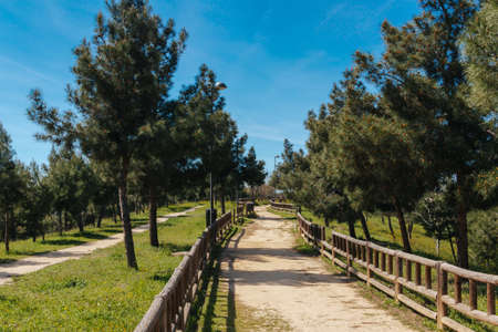 Urban park with dirt road, wooden fences. Copyspace. Selective focus.の写真素材