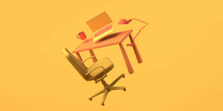 Cartoon work office with laptop, chair, and coffee cup. Freelancing. 3D illustration. Copyspace.の写真素材