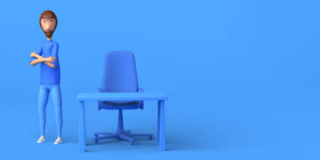 Young man with arms crossed at work office cartoon table and chair. Freelancing. Copyspace. 3D illustration.の写真素材