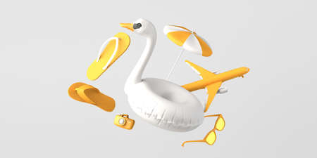 Summer vacation concept with swan float, flip flops, sunglasses and airplane. Copyspace. 3D...