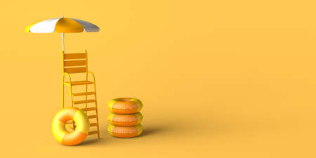 Beach lifeguard chair with inflatable floats. Summer safety. Copyspace. 3D Illustration.