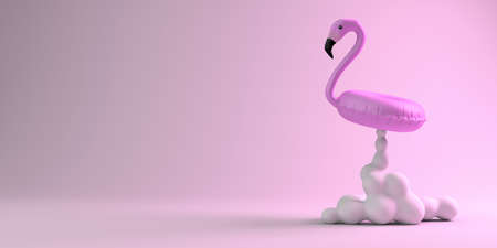 Summer concept with flamingo float taking off with cartoon smoke. Copyspace. 3D illustration.の写真素材