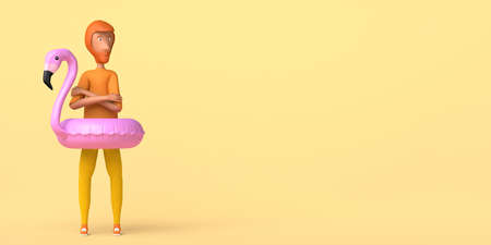 Young man with crossed arms and flamingo float. Copyspace. 3D illustration.の写真素材
