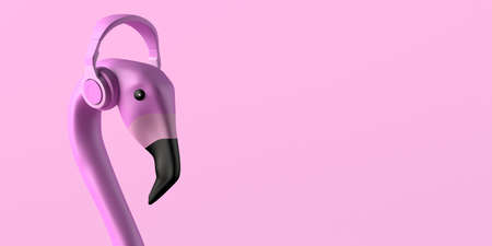 Summer entertainment concept with flamingo and headphones listening to music. Copyspace. 3D Illustration.の写真素材