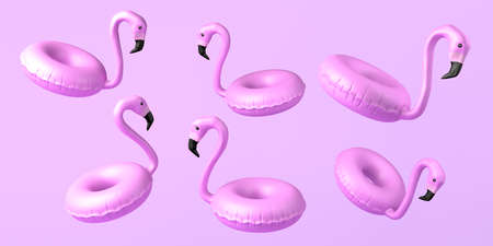 Summer concept with flamingo floats floating on pink background. Copyspace. 3D illustration.