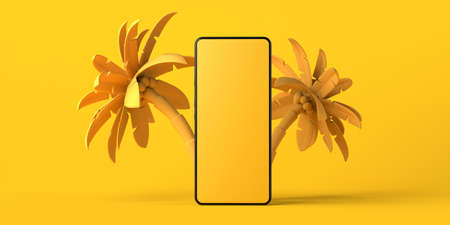 Mockup of smartphone with palm trees. Online summer vacation booking. Copy space. 3D Illustration.