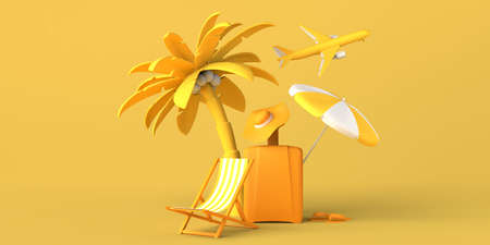 Summer vacation concept with umbrella, suitcase, beach chair, flip flops and palm tree. Copy space. 3D illustration.の写真素材