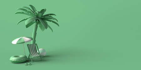 Summer vacation concept with umbrella, beach chair, flip flops, palm tree and inflatable beach toy....