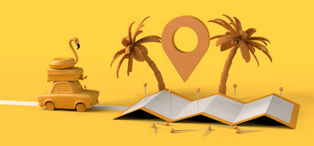 Summer vacation concept with car, suitcase and inflatable float next to map. Copyspace. 3D...