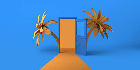 Summer concept with open door and tropical palm trees. Copyspace. 3D illustration.