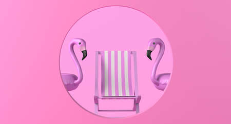 Beach chair background and flamingo floats with circular frame. Copyspace. 3D illustration.