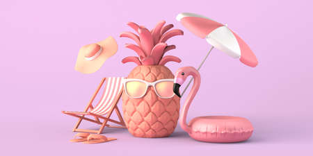 Summer vacation concept with pineapple with sunglasses beach accessories. Copyspace. 3D...