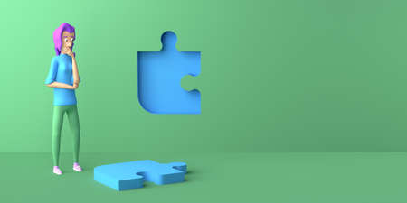 Young woman with doubts looking at how to fit puzzle piece. 3D illustration. Copyspace.の写真素材