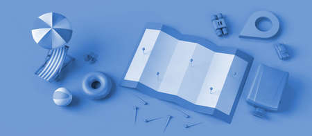 Summer vacation search concept with map, beach chair and suitcase. Copyspace. 3D illustration.