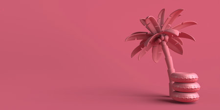 Summer vacation concept with inflatable float and palm tree. Copyspace. 3D illustration.の写真素材
