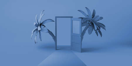 Summer concept with open door and tropical palm trees. Copyspace. 3D illustration.