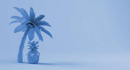 Pineapple with sunglasses under tropical palm tree. Summer concept. Copy space. 3D illustration.の写真素材