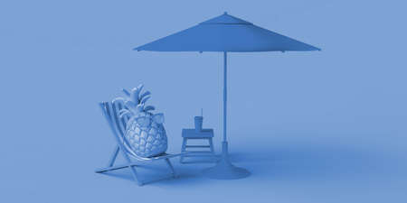 Summer vacation concept with pineapple with sunglasses on beach chair with soda and umbrella....