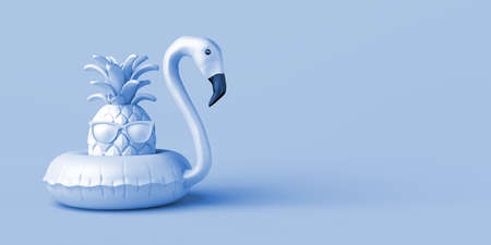 Summer concept with pineapple with sunglasses and inflatable flamingo float. Copyspace. 3D...