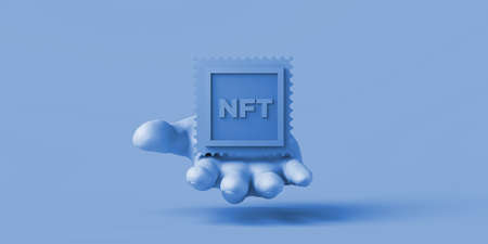 Hand showing a non fungible token, NFT, on a yellow background. Crypto art on the blockchain. 3D illustration. Copyspace.の写真素材