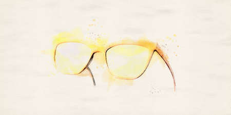 Sunglasses on yellow background. Summer concept. Copyspace. Digital watercolour.の写真素材