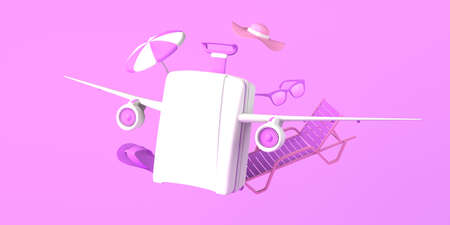 Summer travel concept with winged suitcase, beach lounger and flip flops. Copy space. 3D illustration.の写真素材