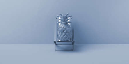 Summer concept with pineapple with sunglasses on a beach chair. Copyspace. 3D illustration.