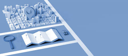 Location concept in urban environment with map, locator mark and magnifying glass. 3D illustration....