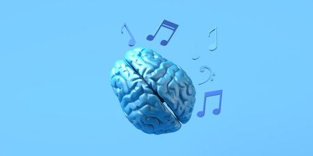 Artificial intelligence concept in music with brain and musical notes. Copyspace. 3D illustration.の写真素材