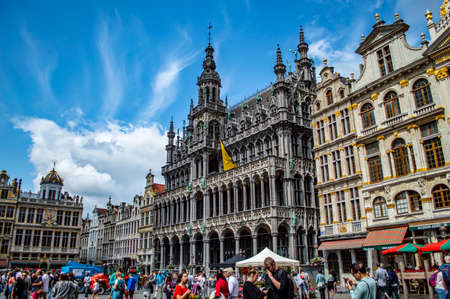 Brussels, Belgium - July 13, 2019: Grand Place, the central square of Brussels, Belgium, crowded on...