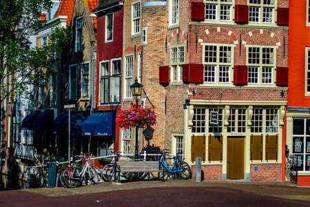 Delft, Netherlands - July 11, 2019: Typical Dutch architecture in the town of Delft, the Netherlandsのeditorial素材