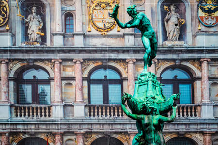 Antwerp, Belgium - July 12, 2019: Closeup photo of Brabo fountain in Antwerp, Belgiumのeditorial素材