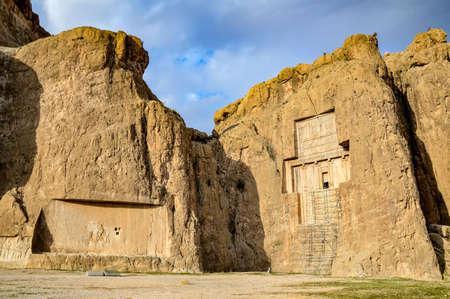 The tomb of Xerxes I, the fourth King of Kings of the Achaemenid Empire of ancient Persia, at Naqsh-e Rostam necropolis near Persepolis in Iranのeditorial素材