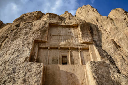 The tomb of the Persian King of Kings of the Achaemenid Empire Darius the Great at Naqsh-e Rostam ancient necropolis near Persepolis in Iranのeditorial素材