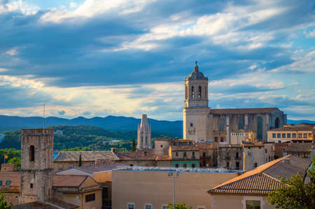 Girona, Spain - July 28, 2019: Cityscape of the city of Girona in Catalonia with the famous landmark Cathedral of Saint Mary of Girona, Spainのeditorial素材