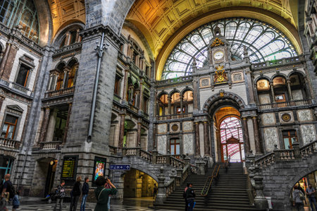 Antwerp, Belgium - July 12, 2019: Beautiful stairway of the Antwerp Central train station in Antwerp, Belgiumのeditorial素材