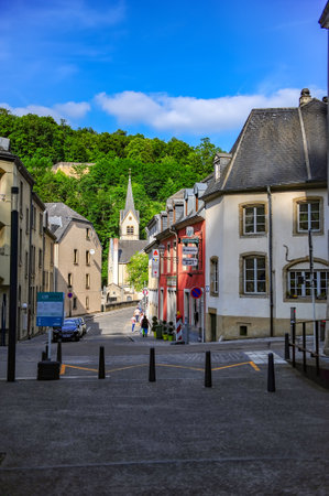 Luxembourg city, Luxembourg - July 15, 2019: Narrow street with cozy houses in the old town of Luxembourg city in Luxembourgのeditorial素材